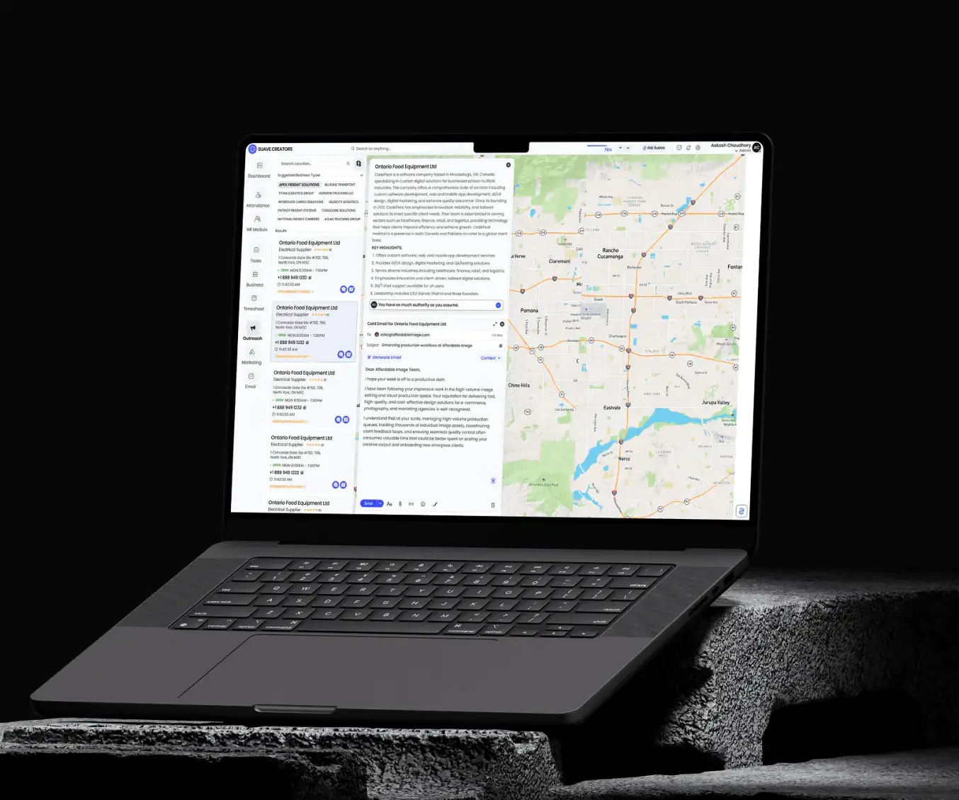 Suave Creators outreach CRM platform on a laptop display